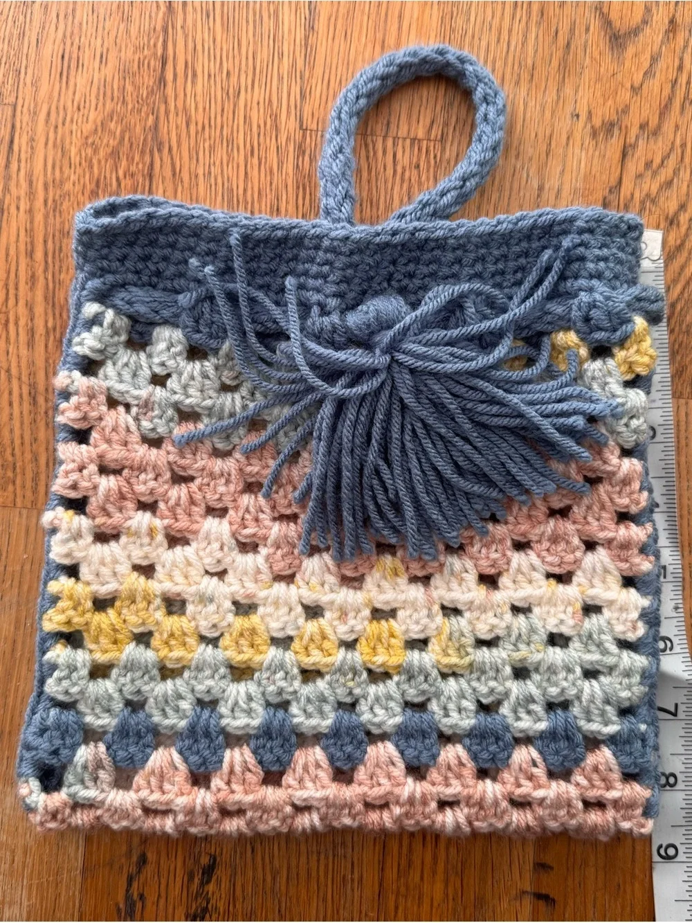 Handmade Crochet Granny Stitch Drawstring Bucket Bag | Boho Tassel Purse